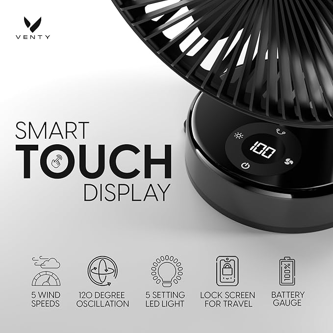 VENTY Portable Clip Fan - Rechargeable 10-Hour Battery Portable Fan - 360° Rotation & 90° Tilt - Stroller, Desk or Bedside - Aromatherapy & LED Light - USB-C cable & Carrying Pouch