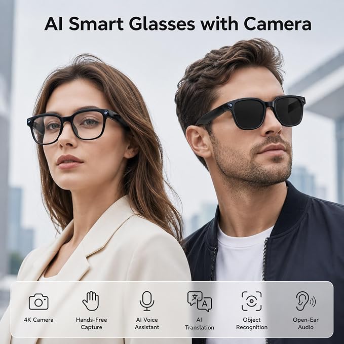 4K Camera AI Smart Glasses for Men Women, Bluetooth Video Audio Sunglasses,Video&Photo Recording Glasses AI Assistant,Wearable Eyeglasses for Vlogging, Travel, Business