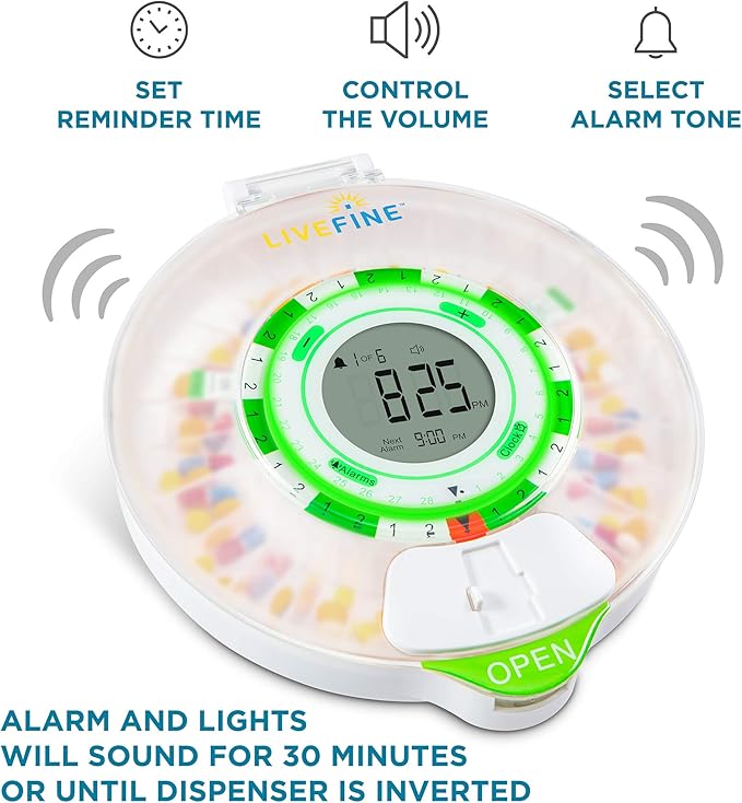Live Fine 28-Day Automatic Pill Dispenser with Upgraded LCD Display, Key Lock, Sound & Light for Prescriptions, Medication, Vitamins, Supplements & More