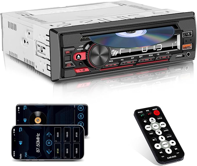 Single DIN CD/DVD Car Stereo with Bluetooth Hands-Free Calling, Push-to-Talk Assistant, FM Car Radio, USB AUX SD Playback, App Control, 7-Color Backlit Display, iOS & Android Compatible