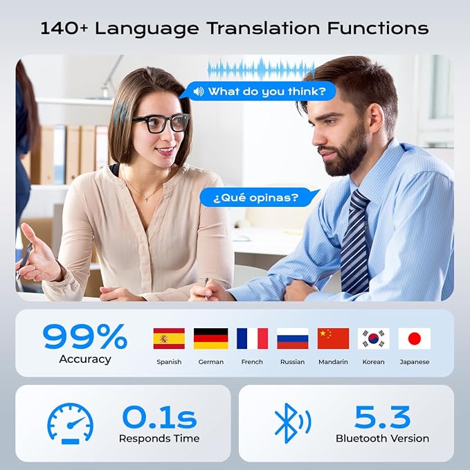 XO AI Smart Glasses,HD 1080P Camera Glasses with Video Recording & Photo Taking, Language Real-Time Translation Glasses and Color-Change Lens Perfect for Travel, Business