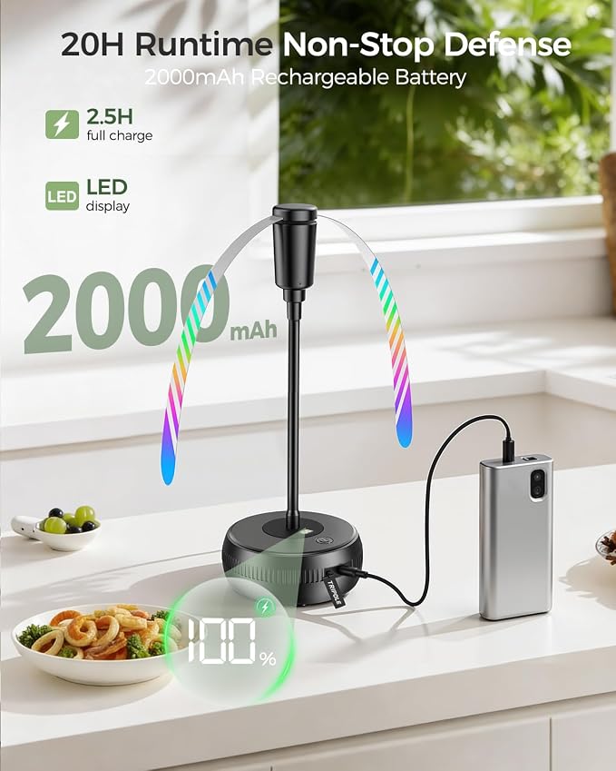 TriPole Fly Fans for Tables, Food Fans 2000mAh Rechargeable Table Fan Portable Fly Spinners with LED Display, 20H Runtime for Outdoor Picnic, BBQ Patio Parties, Camping, Kitchen, 4 Pack (Black)