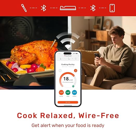 Wireless Bluetooth Meat Thermometer Digital, Smart AI Powered Cooking Thermomer with APP Control, IP69 Waterproof Meat Probe for BBQ, Oven, Grill, Smoker (S Pro)