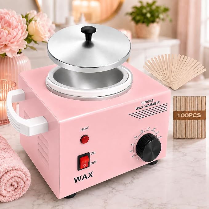 Electric Wax Warmer Machine for Body Hair Removal Hot SPA Aluminum Heater with Wooden Wax Sticks-Single Pot (Pink)
