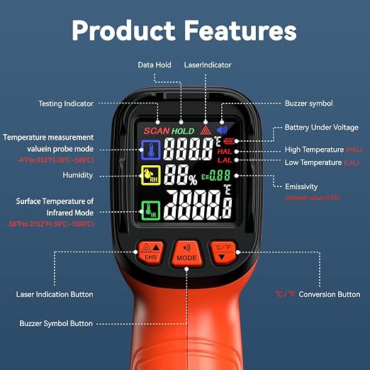 -58°F to 2732°F Infrared Thermometer Temperature Gun, 50:1 Laser Thermometer Gun for Oven, HVAC, Humidity Measurement Wood, Wall, IR Temp Gun for Engine, Forging, Industrial & Home