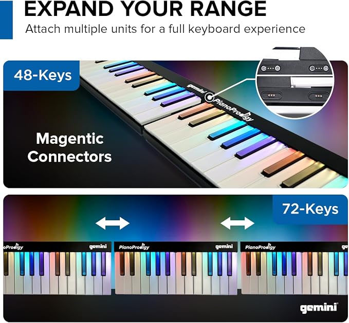 Gemini 24-Key Light-Up MIDI Keyboard, App Lessons (GPP-101) | 24 light-up keys, expandable to 72 - app lessons step by step - wireless to phone/tablet - any MIDI