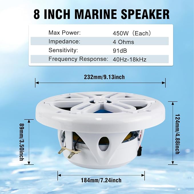 Herdio 8" 450W Marine Speakers - IP66 Waterproof Coaxial Audio, with Blue LED Light for Boats, ATVs, UTVs with UV Resistant White Grille (A Pair)