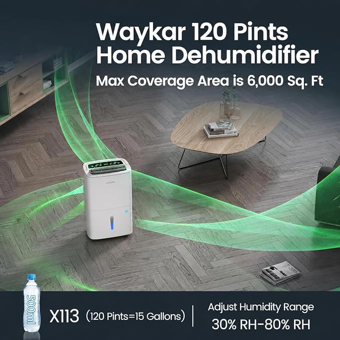 Waykar 120 Pints 2025 Energy Star Home Dehumidifier for Spaces up to 6,000 Sq. Ft, Ideal for Basement, Bathroom and Large Room with Drain Hose, Portable, Auto Defrost and Self-Drying