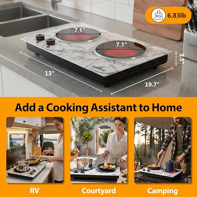 CUSIMAX Hot Plate, 1800W Double Burner Electric Hot Plate for Cooking, Dual Control Portable Infrared Stove Countertop Cooktop, Heat-up in Seconds, Stainless Steel White Marble
