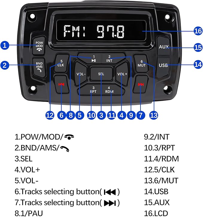 Marine Stereo Audio Radio Bluetooth Car Stereo Receivers Waterproof Player MP3 Boat Media with AM/FM Music Radio USB Input for Golf Cart Motorcycle UTV Head Unit Sound System