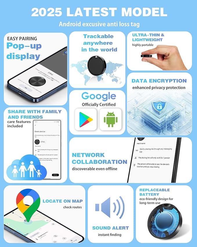Air Tags for Android,Air Tags-2 Pack Android,Air Tracker Tags with 2 Case,2 Year Battery Life,Google Find Trackers for Google'S Find Hub App,IP65 Waterproof Luggage Tracker Tags for Keys