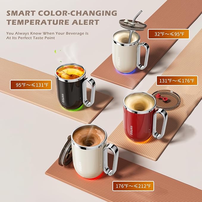 Self Stirring Mug - 4-Color Temp Display Magnetic Electric Auto Mixing Stainless Steel Cup with Straw & Lid For Office/Kitchen/Home/Coffee/Milk- 14.2oz/420ml(Beige)