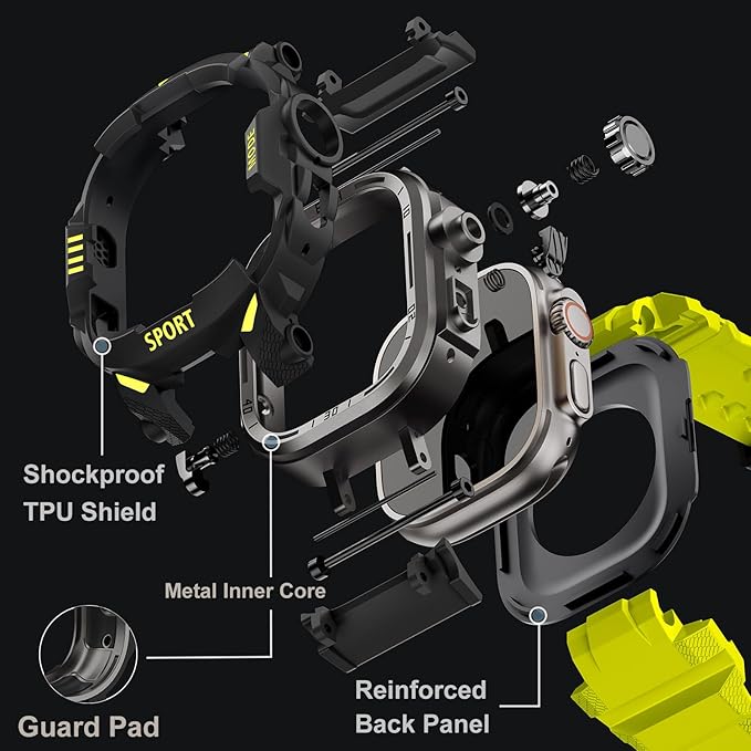 DABAOZA Rugged Case with Band Screen Protector Compatible with Apple Watch 49mm, for iWatch Ultra 3/2/1,Military Grade Shockproof Bumper and Men's Tactical Heavy Duty Strap(Fluorescent Green,49MM)