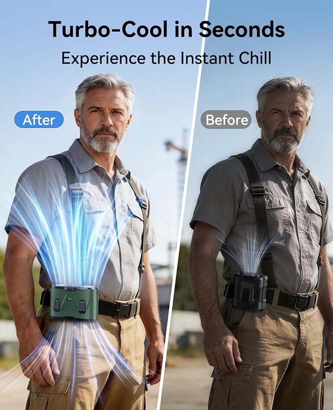 KIMMOO Dual-Motor Rechargeable Waist Fan with Ice Cooling, 25000 RPM High-Speed Neck Belt Clip-on Fan with 10 Gears, LED Display & Flashlight, Hands-Free Personal Fan for Work Outdoor Travel, Green