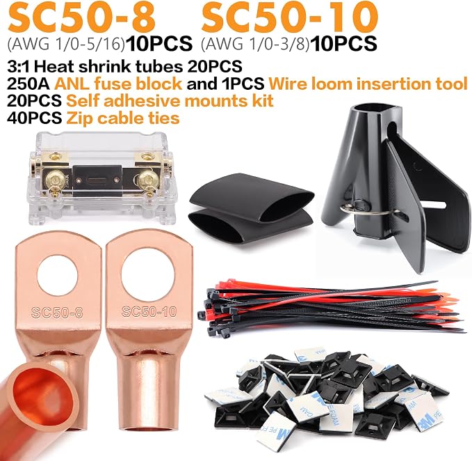 Jeemiter 1/0 Gauge CCA Wire Kit - Power/Ground Cable (40FT Black/Red),Battery Wire with 250A ANL Fuse,1/2 Inch Cable Split Sleeving,Lugs,Heat Shrink Tubing | for Car Audio Systems,Big 3 Upgrade
