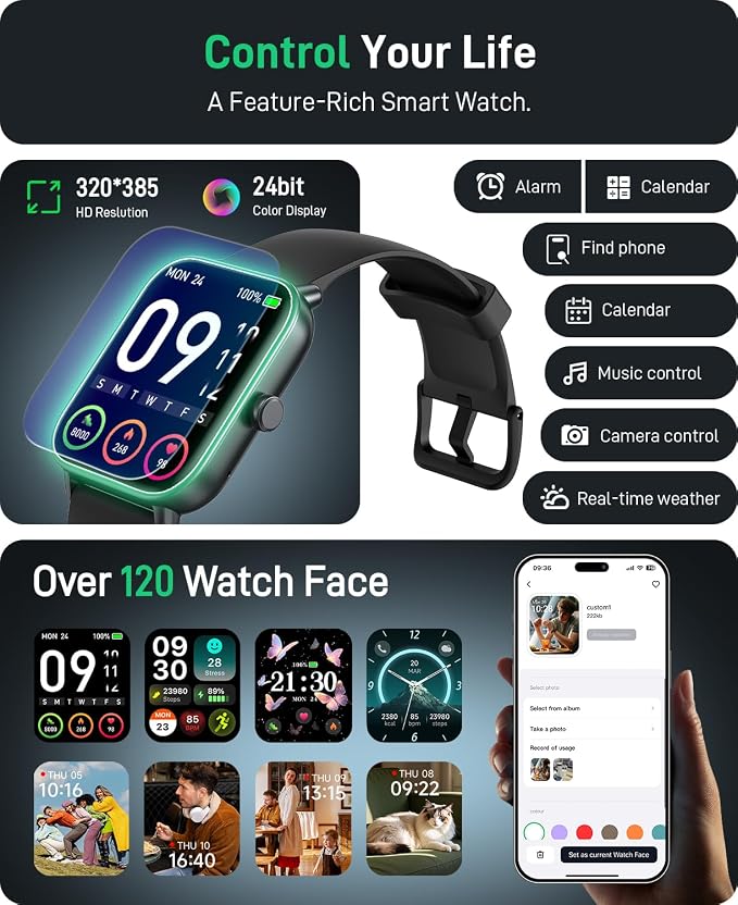 Hingso Smart Watch for Women Men, 1.85" Fitness Tracker for Android/iPhone | Bluetooth Call & Text Alert, Alexa Built-in, 24/7 Heart Rate/SpO2/Sleep/Cycles Monitor, 120+ Sports, IP68 Waterproof, 2 Bands