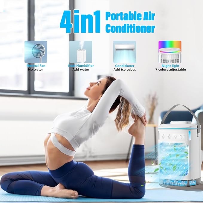 Portable Air Conditioners, SMLEGFT Evaporative Air Cooler with 7 Color Light & 900ml Large Tank, 3 Speeds & 2/4/6/8H Timer, Dual Mist Spray & Dual Icebox, Personal Air Conditioner for Bedroom Office