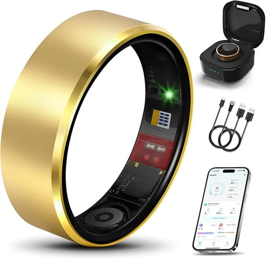Smart Ring 2.0 for Women Men, Slim Scratch & Fingerprint Resistant Design, Advanced Chip Fitness Tracker, Sleep, Stress & Activity Monitoring, Waterproof, No Subscription Fees, Gold 14