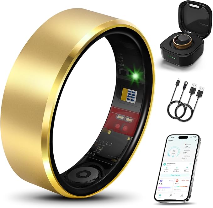 Smart Ring 2.0 for Women Men, Slim Scratch & Fingerprint Resistant Design, Advanced Chip Fitness Tracker, Sleep, Stress & Activity Monitoring, Waterproof, No Subscription Fees, Gold 7