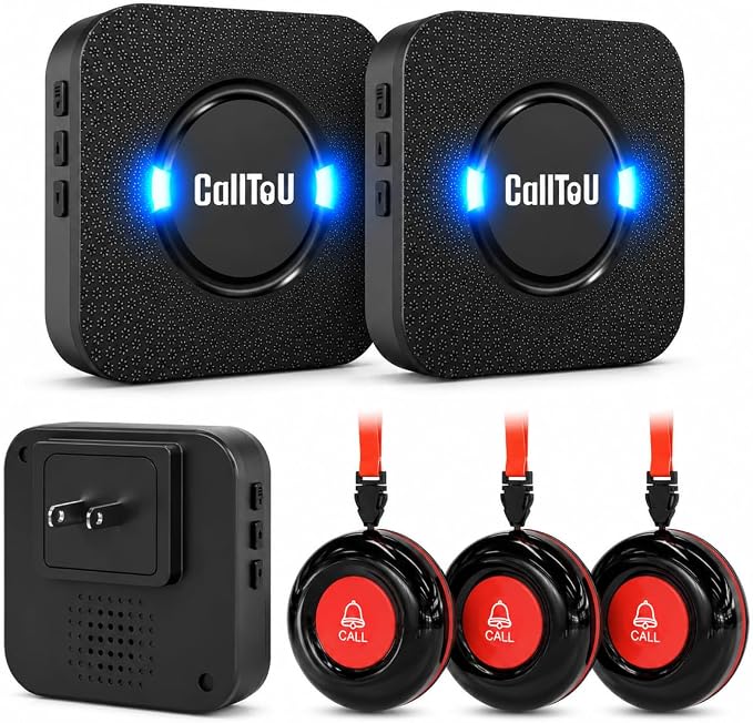 CallToU Caregiver Pager Wireless Call Button for Elderly at Home, 500+ ft Open Area Long Range Through Walls, 2 Plug-in Receivers and 3 Waterproof SOS Buttons, Multi-Room Care