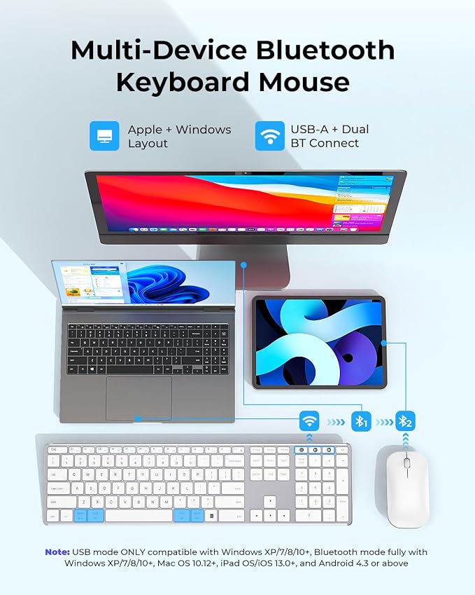 seenda Wireless Bluetooth Keyboard and Mouse Combo, SKM64-3 Rechargeable Slim Quiet Keyboard Mouse, 3 Multi-Device Connection, Compatible for Windows 11/10 PC Laptop Mac MacBook iPad, White Silver