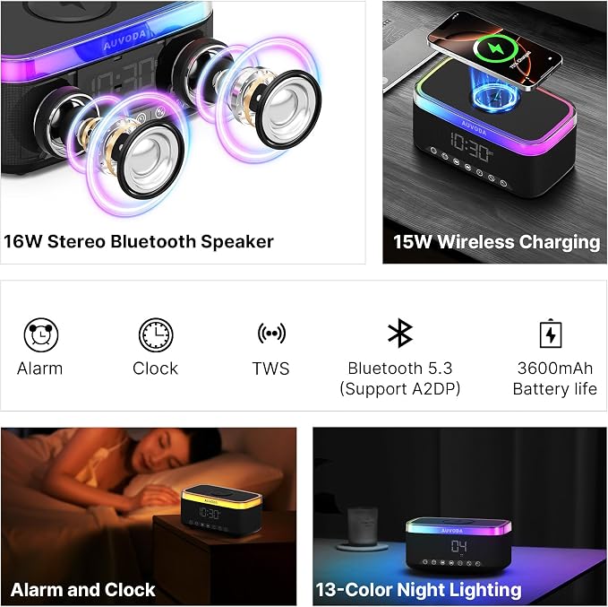 S300 Portable Bluetooth Speaker, 16 W Stereo, BT 5.3, TWS Pairing | 15 W Wireless Charging, 13-Color Night Light, Alarm Clock, TF AUX Inputs, Ideal for PC Smartphone Home Bedroom Office
