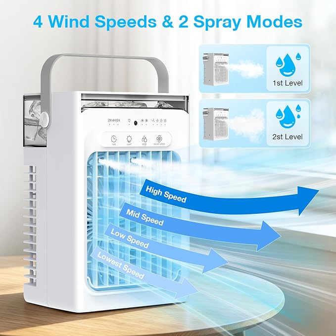 Portable Air Conditioners, 3-1 Mini AC Unit with Remote, 4 Speeds Small Air Cooler With 2 Mist Modes, 2 Cooling Modes,Timer,7 Lights, USB Powered Cooling Fan for Bedoom Camping Office