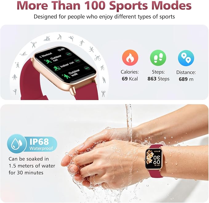 Smart Watch for Women Men, 1.85" Alexa Fitness Tracker with Call & SMS, Heart Rate, SpO2, Stress & Sleep Monitor, IP68 Waterproof Smartwatch for Android iPhone Samsung etc., 100+ Sports Modes, 2 Bands
