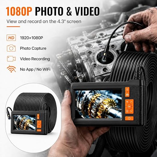 50FT Dual Lens Endoscope Camera with Light, 4.3" Borescope Support 1080P Photo/Video, IP67 Waterproof with 8 LED Lights, Semi-Rigid Inspection Snake Cable for Pipe, Engine & HVAC