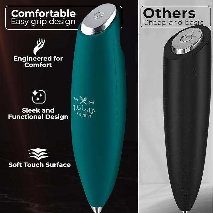 Zulay Kitchen Powerful Milk Frother Wand With Duracell Batteries - Ultra Fast Handheld Drink Mixer - Electric Whisk Foam Maker for Coffee, Lattes, Cappuccino & Matcha - Triple Whisk - Reign Emerald