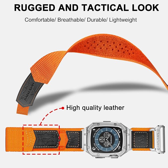 BAITEYOU Band with Case Compatible with Apple Watch Band Series 9 8 7 (41mm) 6 5 4 SE 3 2 1 (40mm 38mm), Nylon Strap with Stainless Steel Metal Rugged Case Cover for iwatch Bands for Men