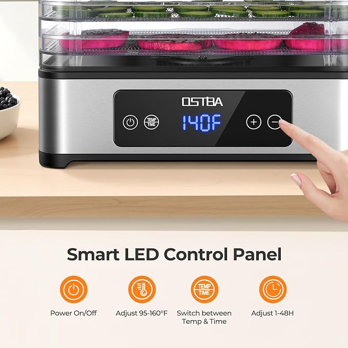 OSTBA Food Dehydrator, 5 Stainless Steel Trays, 400W Powerful Drying, 48H Timer & 95–160°F Temp Control, Quiet Small Dryer for Jerky, Fruits, Herbs, Mushrooms, BPA-Free, Recipes Included