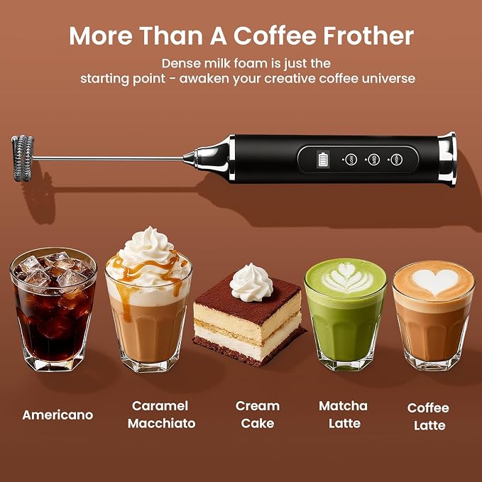 YUSWKO Black Milk Frother Wand for Coffee with Stand, Handheld Coffee Frother, Rechargeable Drink Mixer, Waterproof Electric Whisk
