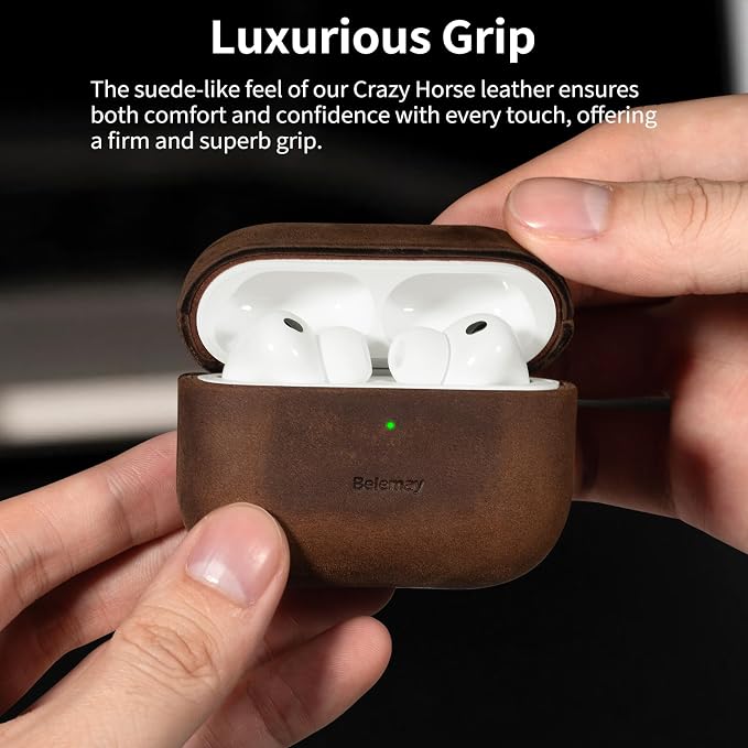 Belemay Handcrafted Crazy Horse Leather Case for AirPods Pro 3rd Gen (2025), Vintage Aesthetic, Two-Tone Effect, Unique Patina, Compatible with MagSafe, Compatible with Airpods Pro 3, Rustic Brown