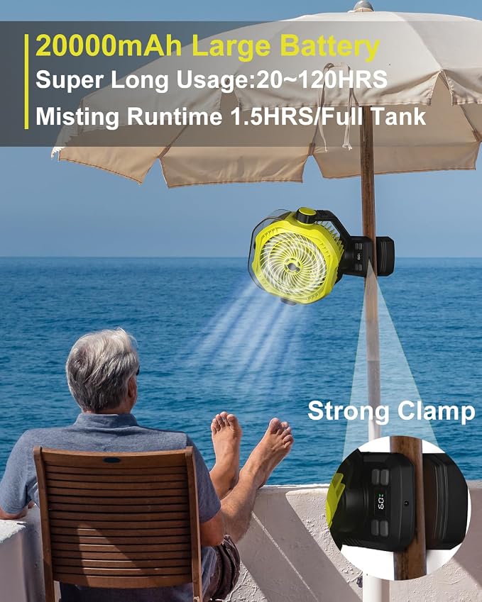 Portable Rechargeable Misting Fan with 12oz Mist, Battery Life Display, Remote, Timer, Light, 5 Speeds, 9-Inch, 20000mAh 120H Battery Powered Clip Fan for Stroller, Travel, Outdoor, Poweroutage