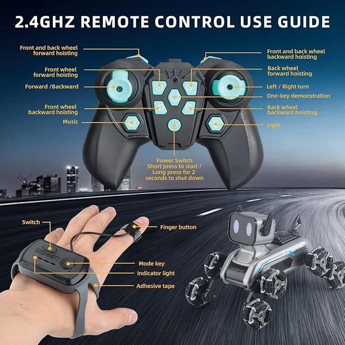 Robot Dog, RC Stunt Car for Kids Adults, 8WD Eight Wheeled Stunt Robots Dog with LED Eyes and Music, Gesture Sensing & 2.4Ghz Remote Control Cars, Rechargeable Indoor Outdoor Toy Gift for Kids 6-12