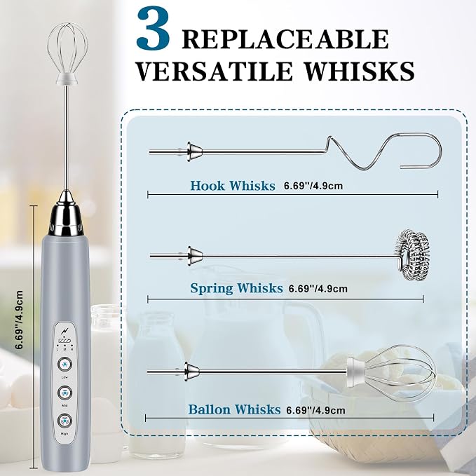 BSRGMS Milk Frother Handheld for Coffee, Electric Whisk 3 Speed Adjustable, Drink Mixer with Stainless 3 Whisks, Rechargeable Hand Frother Wand, for Latte Cappuccino Hot Chocolate Egg Cement Gray