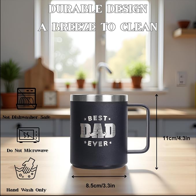 Birthday Gifts for Dad, 12oz Funny Heated Coffee Mug for Dad with BEST DAD EVER, Electric Coffee Cup with Warmer Set, Ideal Valentines Father Day Gifts from Wife Daughter Son (Black -12oz)