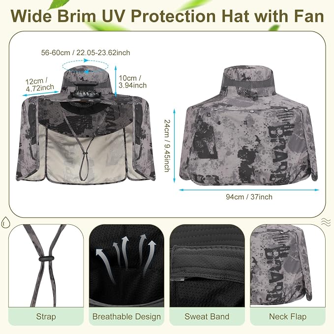 Maiteenly 2 Pcs Solar Fan Hat for Men with Neck Flap Bucket Fan Buit in Hats for Hiking Fishing Outdoor USB and Solar Powered