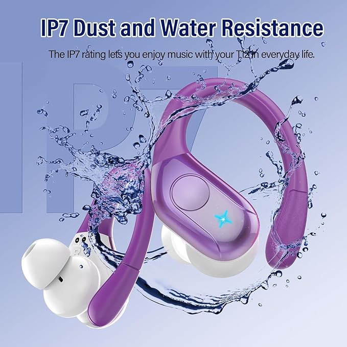 Qecnato Wireless Earbuds Bluetooth 5.4 Headphones 75H Stereo Deep Bass Sports Over Ear Buds with Earhooks, LED Display Bluetooth Earbuds with 4 ENC Mic, IP7 Waterproof Earphone for Running,Dark Purple