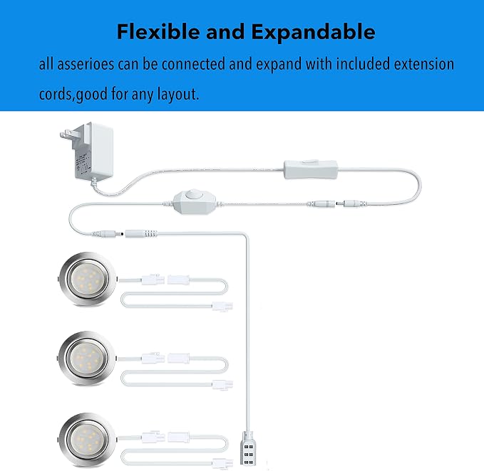 LED Puck Lights Wired Under Cabinet Lighting Dimmable,Round Cabinet Lights Plug In for Bookshelf,Kitchen Counter,Display Case,Curio,Ceiling,6000K Cold White,2.5In Hole Recess Mount,6W,480LM Total,3pcs