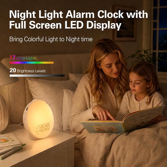 JALL Full Screen Dimmer Sunrise Alarm Clocks for Bedrooms, Wake Up Light with FM Radio, 25 White Noise Sleep Sounds, Bluetooth Speaker, Dual Alarms Bedside Clock for Heavy Sleepers