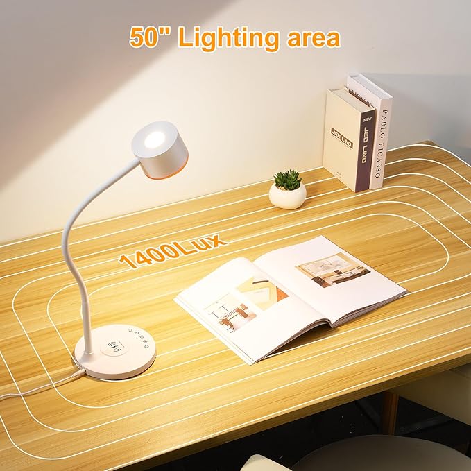 LED Desk Lamps for Home Office, Desk Lamp with USB C + A Dual Charging Ports, Wireless Charger, 5 Colors Dimming Reading Lamp Timer/Memory Touch Bedside Table Lamp for Bedroom College Dorm Room White