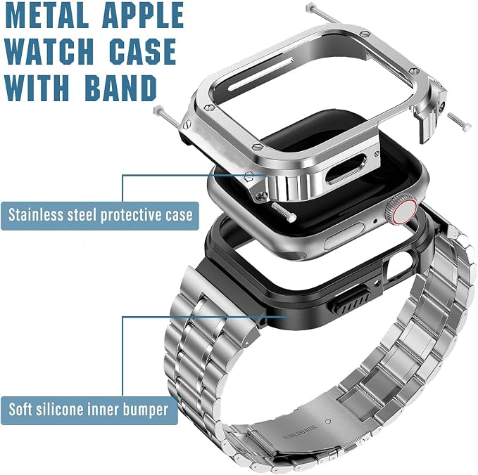 MioHHR Stainless Steel Watch Band with Case Compatible with Apple Watch Series 11/10 46mm,Rugged Strap with Metal Protective Bumper Cover for iWatch Band Men(Silver)