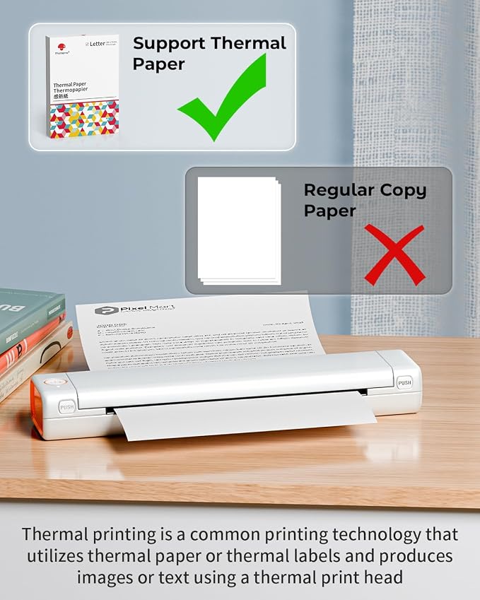Phomemo Inkless Portable Printer for Travel - Wireless Thermal Printer Compatible with Phone & Laptop, Bluetooth Printers Supports 8.5" X 11" Letter Thermal Paper, Come with Carry Case