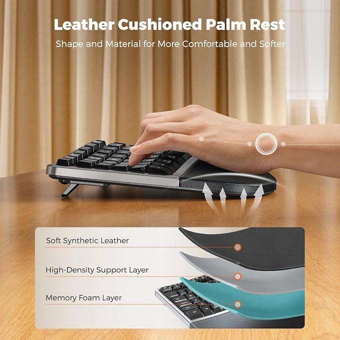 MEETION Ergonomic Keyboard and Mouse Wireless Combo, 2.4G Curved Compact Keyboard with Cushioned Palm Rest, 4 Level DPI Adjustable Wireless Mouse, for Windows/Mac/Desktop/PC/Laptop, Gray Black