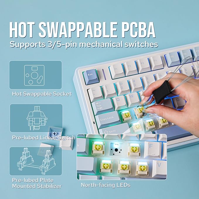 EPOMAKER x Aula F75 Gasket Mechanical Keyboard, 75% Wireless Hot Swappable Gaming Keyboard with Five-Layer Padding&Knob, BT/2.4GHz/USB-C, RGB (Sea Salt Blue, Ice Vein Switch)