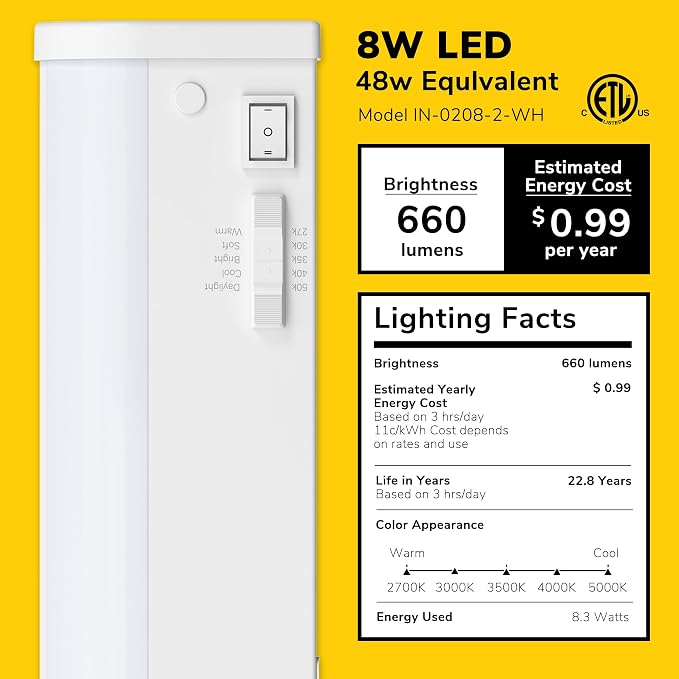 Inlight 18" LED Under Cabinet Lighting, 5 CCT Selectable 2700-5000 K, Dimmable, ETL-Listed, White Finished, IN-0208-2-WH