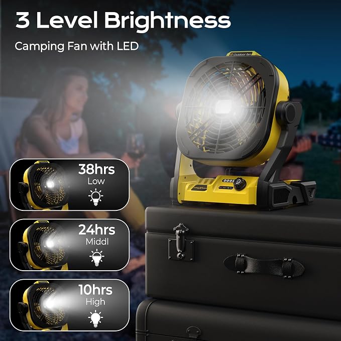 Battery Operated Fan for Dewalt 20V Max battery, Portable Fan with AC Adapter & LED Lights, 4 Speeds & Hook, Cordless/Camping/Battery Powered fan, for Outdoor Jobsite (Battery Not Included)