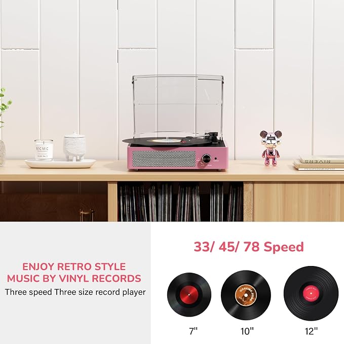 Record Player with Speakers Belt-Driven Vintage Turntables 3 Speed 3 Size Wireless Bluetooth Playback AUX-in RCA Out Headphone LP Vinyl Players Auto Stop Purple Pink